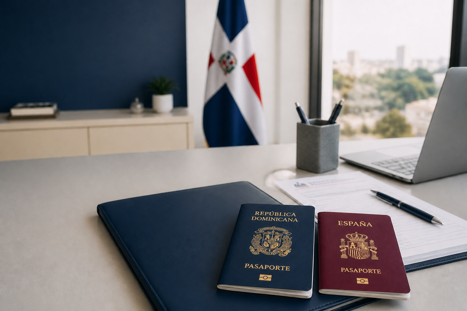 Pasaporte de República Dominicana junto a un pasaporte español en un escritorio profesional